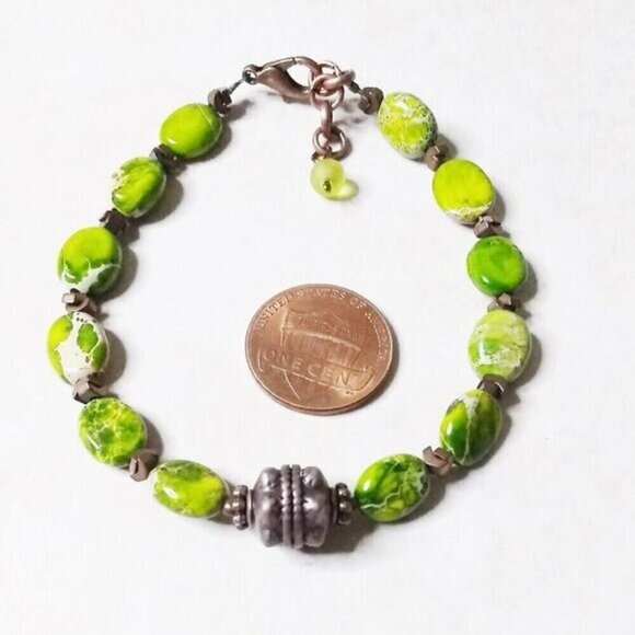 Bright Green Sea Sediment Jasper + Copper Bracelet ~ Adjustable Fits 7-8" Wrists - Picture 6 of 8